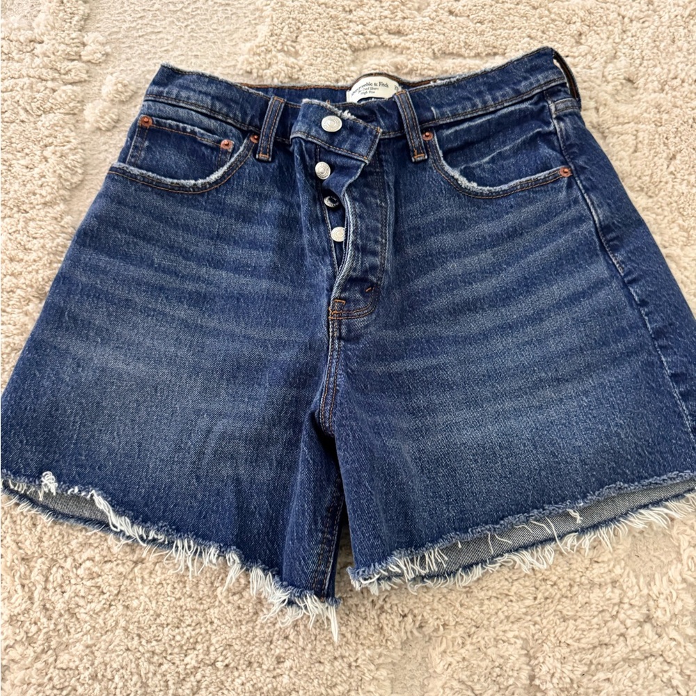 Abercrombie & Fitch Dark Blue High-Rise Frayed Hem Denim Shorts